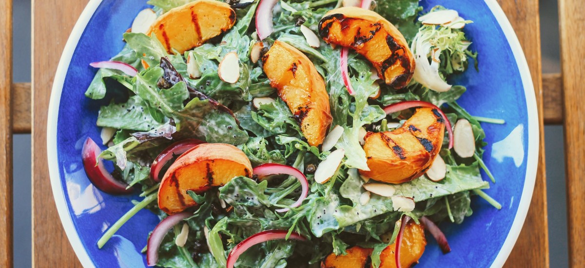 Grilled Peach Salad with Caesar-Poppy Seed Dressing